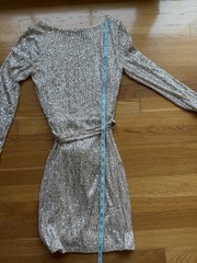 Windsor Silver Sequin Bodycon Mini Dress Long Sleeve Round Neck Stretch M