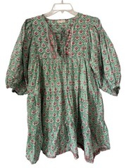 Marea Women Shift Dress Green Cotton Henley 3/4 Puff Sleeve Size XS