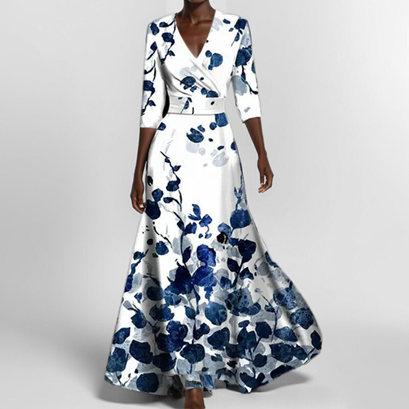 Women&rsquo;s Fashionable And Elegant V-neck Printed Tie-Fitting Skirt Dress For Women