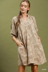 Umgee Floral Textured Jacqaurd V-Neck Dress – Taupe – Small