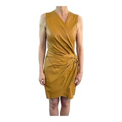 Kirrily Johnston Size 8 Aus 4 US Mustard Brown Leather Mini Wrap Dress Vintage