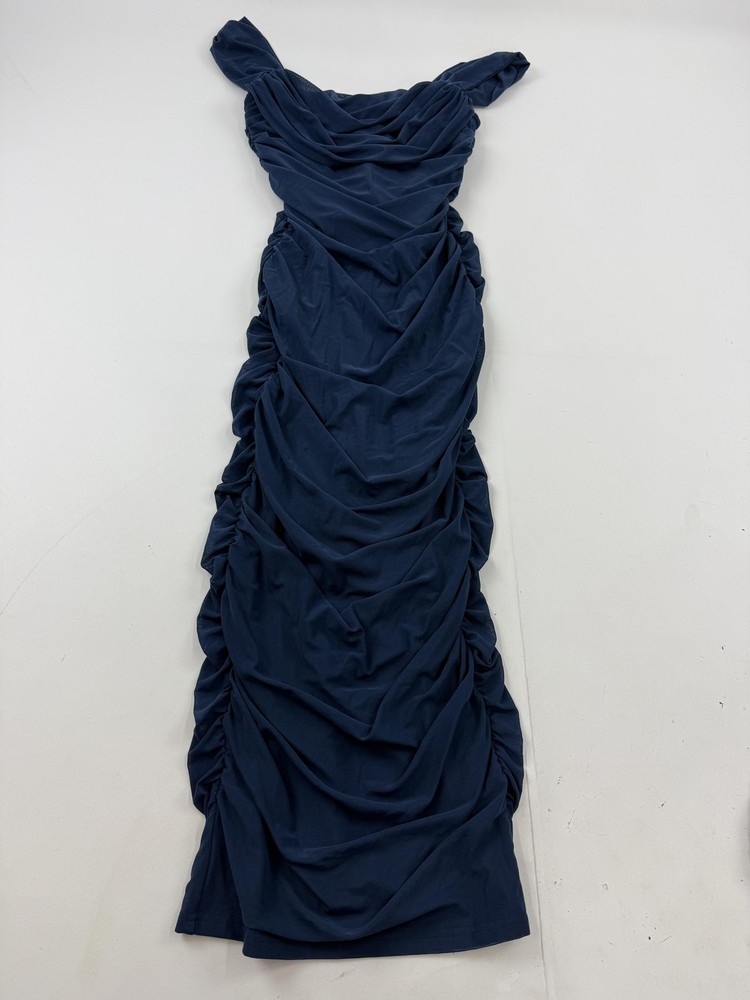 PrettyGarden Dress Womens Medium Blue Ruched Off Shoulder Bodycon Maxi Evening