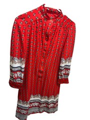 Schrader Sport New York Red Geometric Collared Button Front Long Sleeve Dress