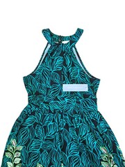 London Times Multi Print High Neck Maxi Dress with side Slit Black Aqua Sz 8 NWT