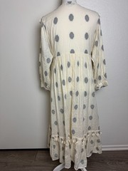 Roma Boho Cotton Maxi Dress Ivory Black Polka Dot Tassel Trim Long Sleeve Sz