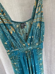 Izabel Size 12 Teal Green & Orange Print Maxi Dress Long Empress Line Bust BNWT