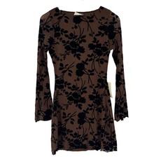Böhme Brown Floral Flocked Velvet Mesh Whimsigoth Mini Dress XS Bell Sleeve