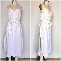 Reformation White Linen Dress Spaghetti Strap Button Down Large Pockets Belt M/L
