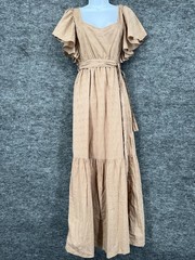 Sim & Sam Dress Womens M Taupe Sweetheart Flutter Sleeve Maxi Belted Tiered Boho