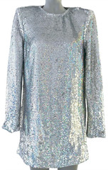 NEW ASOS METALLIC SILVER SEQUIN LONG SLEEVE SHOULDER PADS MINI SHIFT DRESS SZ 4