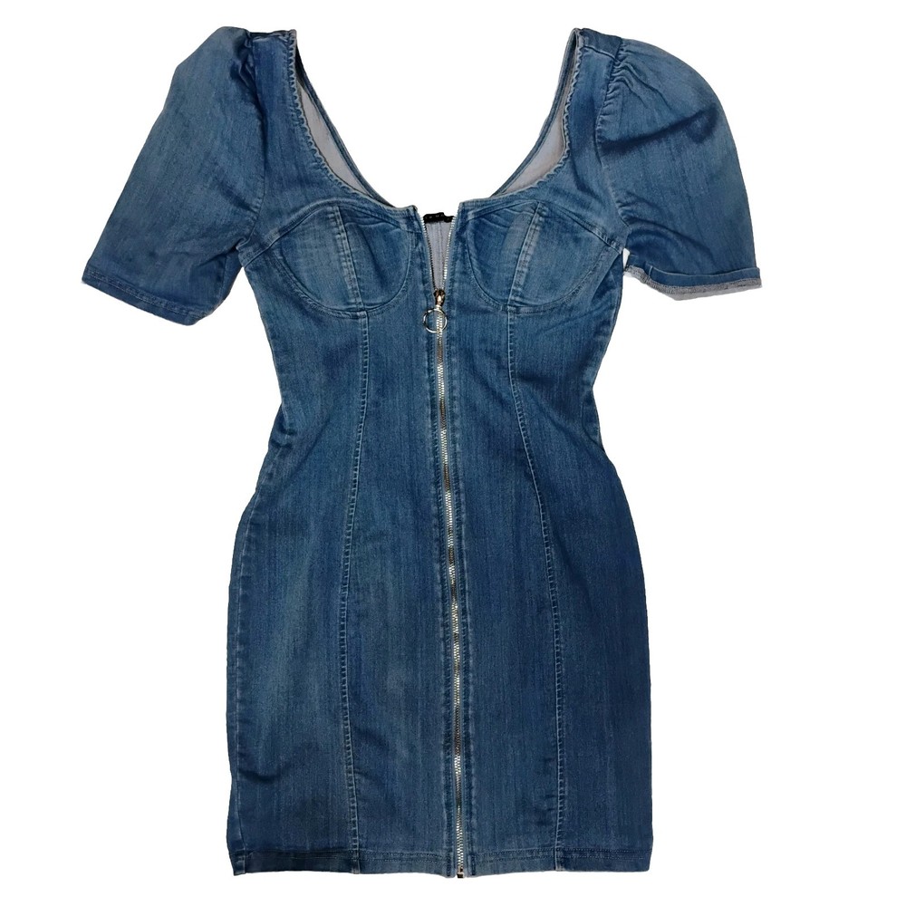 Haute Monde Stretch Denim Women&rsquo;s Front Zip Curvy Dress Blue – Size Medium