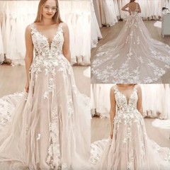 Elegant Wedding Dresses V Neck Tulle A Line Lace Applique Bridal Gown Plus Size