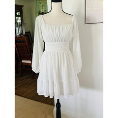 Forolav White Square Neck Tie Back Ruffle Mini Dress Small Long Balloon Sleeve