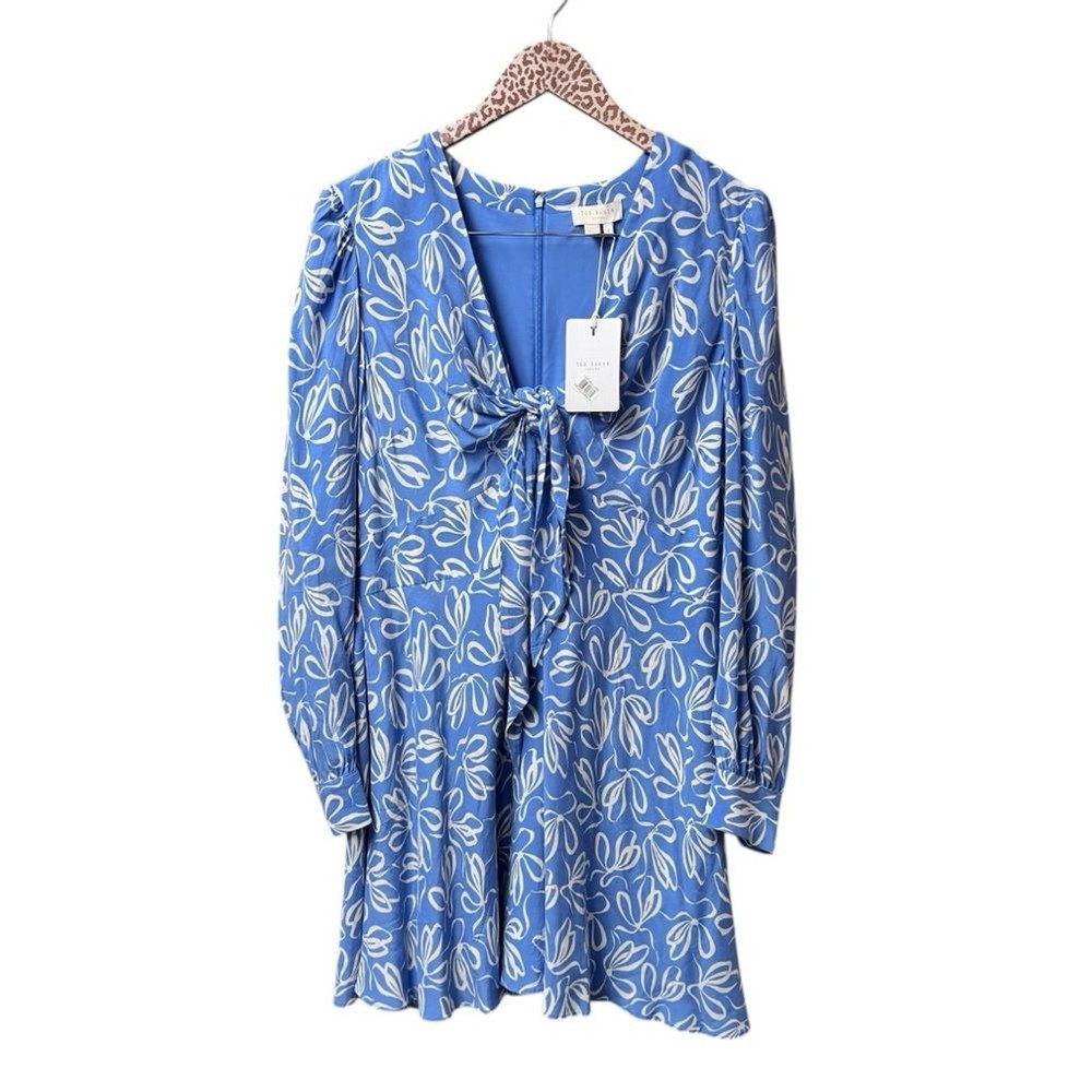 NEW Ted Baker Heidiee Modernity Printed Long Sleeve Mini Dress Floral Blue 12