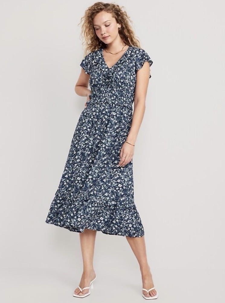 NWT Old Navy Waist-Defined Flutter-Sleeve Floral Midi Dress Size Large Blue