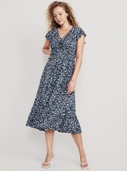NWT Old Navy Waist-Defined Flutter-Sleeve Floral Midi Dress Size Large Blue