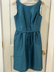 Alfred Sung Dupioni Boatneck Taffeta Cocktail Dress Pockets Belt Niagara Blue 10