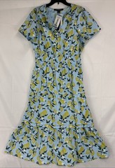 French Connection Large Lemon Print Short Sleeve Maxi Dress Blue 100% Cotton