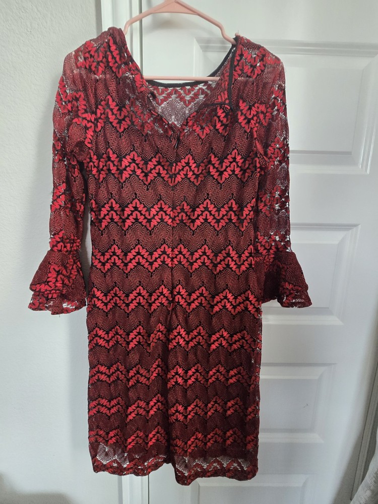 DB, Size 6, Red and Black Ruffled Lace Dress, Lined with a Black Slip