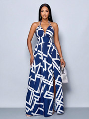 Women&rsquo;s Blue and White Halter Backless Beaded Maxi Dress S/M/L