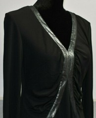 Lafayette Size 8 Black Dress Shimmer Metallic Silver Trim Ruched Sides Stretchy