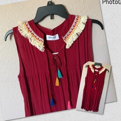 CURRENT + PROJECT Women Medium Boho Sleeveless Red Dress Embroidered Tassels NWT