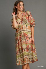 Umgee Sage Green Multi Border Print Tiered Midi Dress w/ 3/4 Puff Sleeves