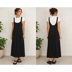 SHEIN Black Ribbed Knit Pinafore Dress Adjustable Button Strap Jumper L