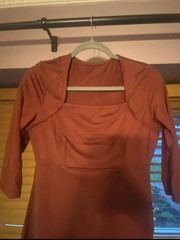 Women’s Rust Solid Knit Bodycon Short Dress, Scoop Neck 3/4 Sleeve, S