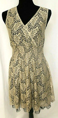 ULTRA PINK FIT & FLARE DRESS MEDIUM CREAM & BLACK LACE WRAP V-NECK KNEE LENGTH