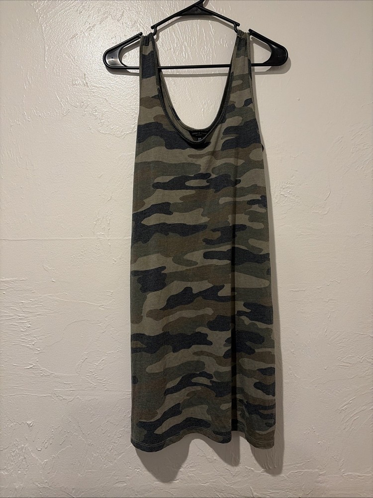 Lucky Brand Camouflage Cotton Blend Green Tank Dress Cinched Back Size Medium