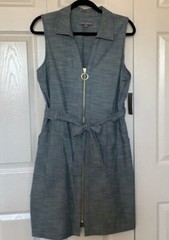SHARANGO Chambray Gold Zip Front Tie Belted Cotton Sleeveless Shirt Dress 12 = L