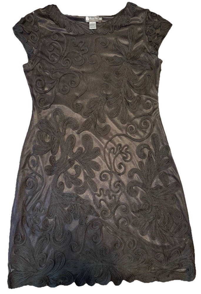 Damee Inc Black Soutache Lace Dress Size 14 VTG Midi Sheer Stretch Short Sleeve