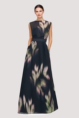 KAY UNGER Abstract Floral Motif Print Sheer Yoke Chiffon Mikado Dress Gown 4 = S