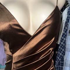 Windsor Brown Solid Satin Ruched Mini Dress V-Neck Spaghetti Strap XS