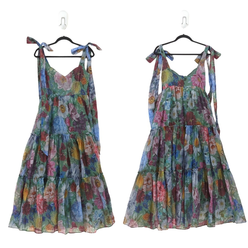 Francescas Audrey Parks Women M Alahna Dress Sage Green Tie Strap Floral Tiered