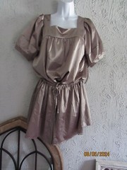 Vertigo Paris nwt L mocha metallic satin peasant dress ties waist puff sleeves