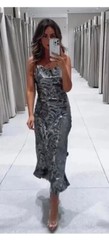 ZARA NEW WOMAN SS23 SILVER FOIL PRINT MIDI DRESS REF:8704/734 Size L