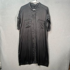 Eileen Fisher Womens Large Black Silk Button-Down Shirt Dress Roll-Tab Sleeves