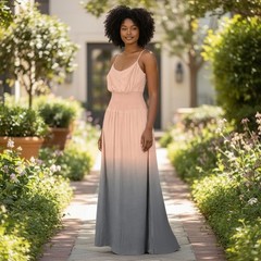 Peach/Pink Grey Ombre Maxi Dress Smocked Waist Keyhole Size Small