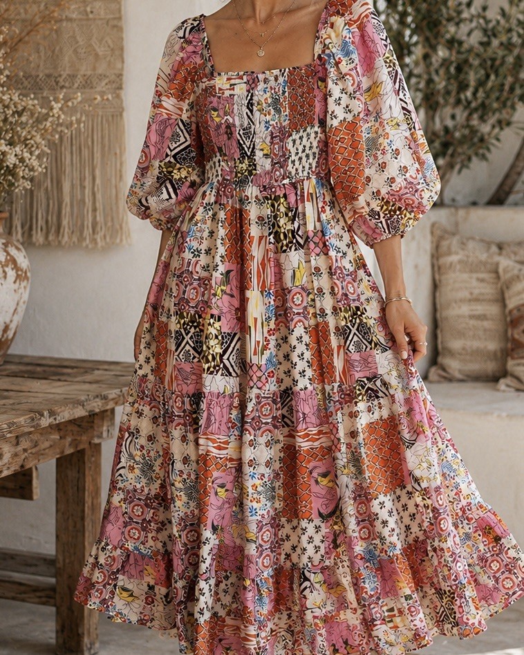NEW *Fate* Pink Cottagecore Patchwork Maxi Dress Women Boho Floral Gypsy Small