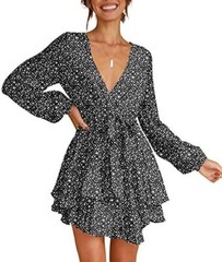 Cosonsen Womens Short Dresses Deep V-Neck Tie Waist Leopard Print Party Dress Bl
