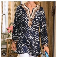 Soft Surroundings Blue/White Abstract Beaded Sequin V-Neck A-Line Knee Dress 1X