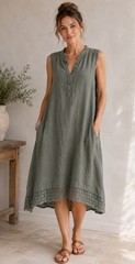 Made in Italy Sage Green 100% Linen /Eyelet Lace Lagenlook Sleeveless Dress M