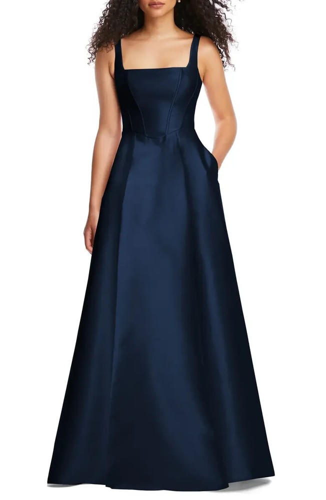 Alfred Sung Midnight Blue Corset Satin Gown Size 14 $281 D844