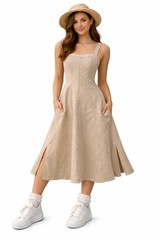 Esprit Structured Square Neck Fit & Flare Midi Dress Beige Sz Sm Cottagecore NWT