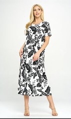 JOSTAR Slinky LONG DRESS Poly Spandex Knit Black White FLORAL S M L XL 2X 3X