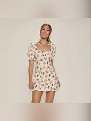 Francesca&rsquo;s Trudy Floral Puff-Sleeve Mini Dress Cream/Multicolor NWT, Women&rsquo;s M