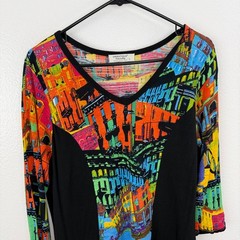 Orientique Tunic Womens Large Black Multi City Scene Print V-Neck 3/4 Sleeve Art