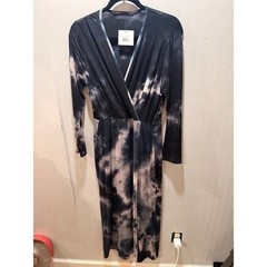 Fraiche by J Tie Dye Wrap Maxi Dress Black Grey Long Sleeve V-Neck Medium NWT